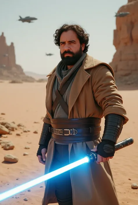 a white man, muscular, 38 years old, with perfectly outlined beard, It is located in the middle of a galactic desert, inspired by star wars: The Rise of Skywalker. Wear a lightweight combat suit with leather details and advanced technology, that highlights...