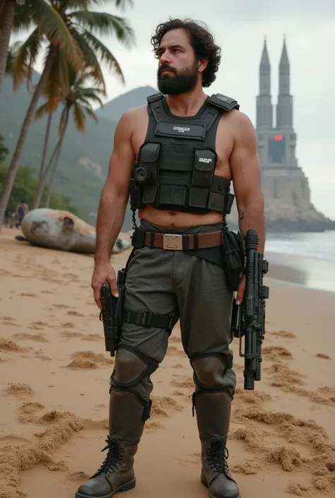 a white man, muscular, 38 years old, with perfectly outlined beard, It is located on a desolate beach on the planet Scarif, Inspired by Rogue One: A Star Wars Story. He wears a dark, weathered, rebel tactical armor that highlights his musculature., While t...