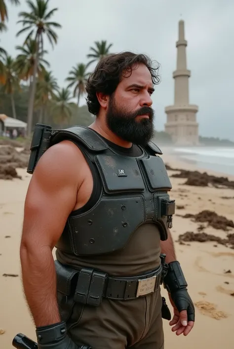 a white man, muscular, 38 years old, with perfectly outlined beard, It is located on a desolate beach on the planet Scarif, Inspired by Rogue One: A Star Wars Story. He wears a dark, weathered, rebel tactical armor that highlights his musculature., While t...