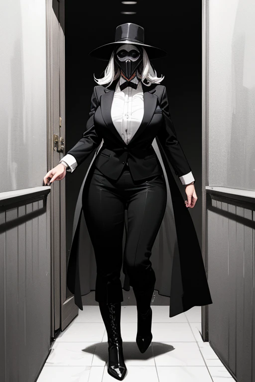 A  girl with long black and white hair,with exaggeratedly large chest and rear, entering a room, dressed as a plague doctor,with high heel boots,(with white shoes),with a plague doctor mask (with a raven&#39;s beak), sexy tight suit 