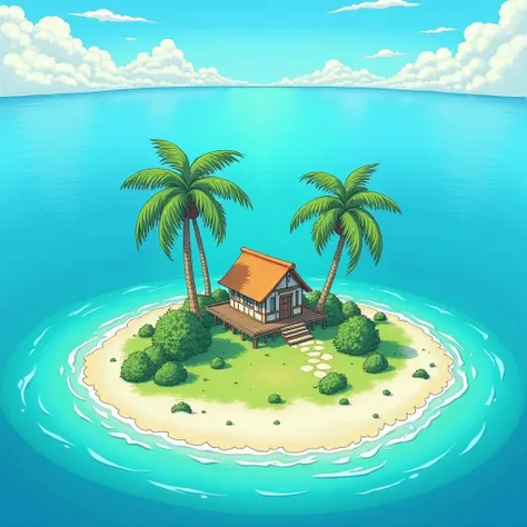 Island in the remote sea, a small house, two palm trees,  sunny day, High resolution, plano general, illustration, Japanese illustration style, 