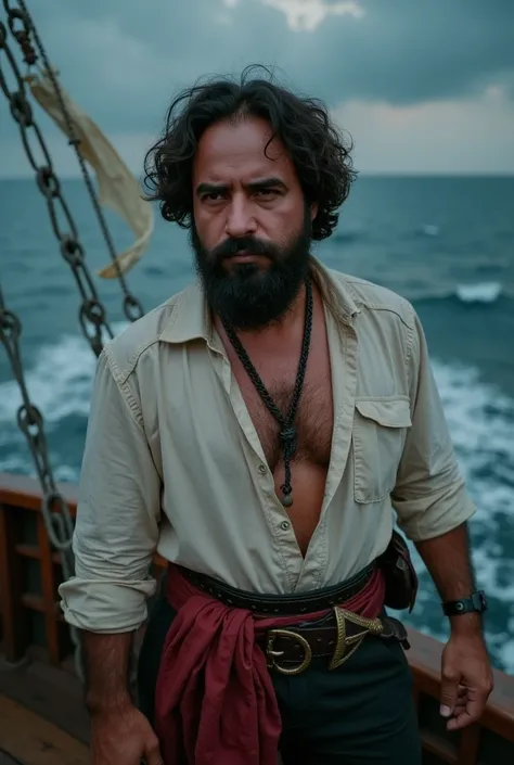  a white man, muscular, 38 years old, with perfectly outlined beard, finds himself on the deck of a pirate ship in the middle of a turbulent ocean, Inspired by Pirates of the Caribbean: In mysterious tides. He wears a loose white shirt with the sleeves rol...