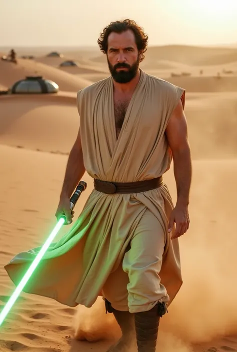 a white man, muscular, 38 years old, with perfectly outlined beard, It is located in the middle of the desert landscapes of Tatooine, inspired by star wars: Episode I - The Phantom Menace. He wears a beige Jedi robe., tight but fluid, highlighting his musc...