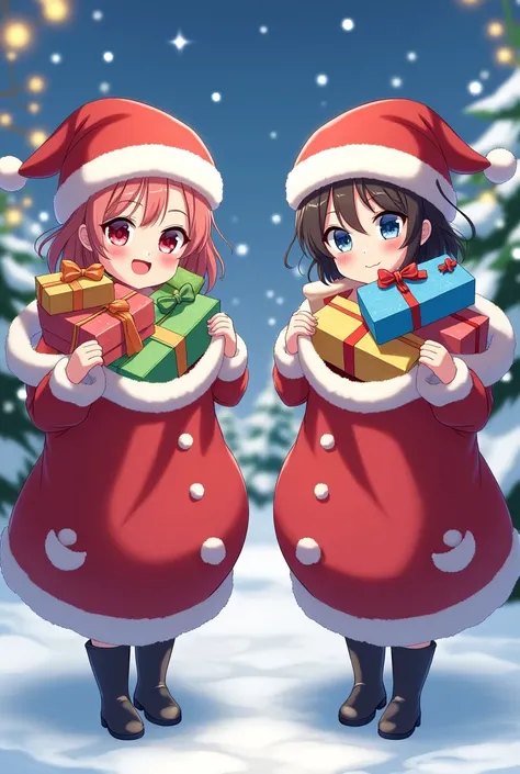 Anime twin sisters wearing Santa Claus costumes holding bags full of presents