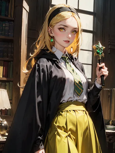 ((magical world)). ((the young witch is wearing the hogwarts school of witchcraft and wizardry uniform)). ((yellow striped tie))...