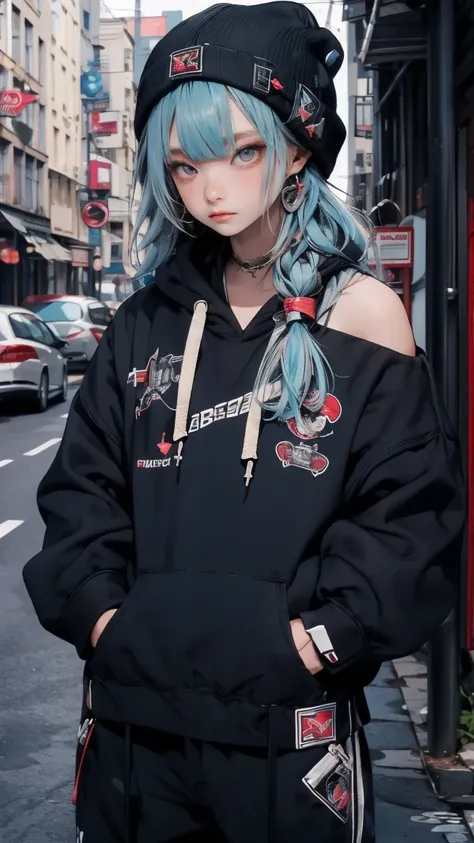 masterpiece,1 Girl,Solitary,Long hair,Blue Hair,hoodie,Off-shoulder:1.2, Thug Hat, street,Hands on Hips, Hands in pockets,