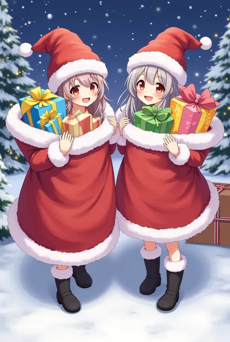 Anime twin sisters wearing Santa Claus costumes holding bags full of presents