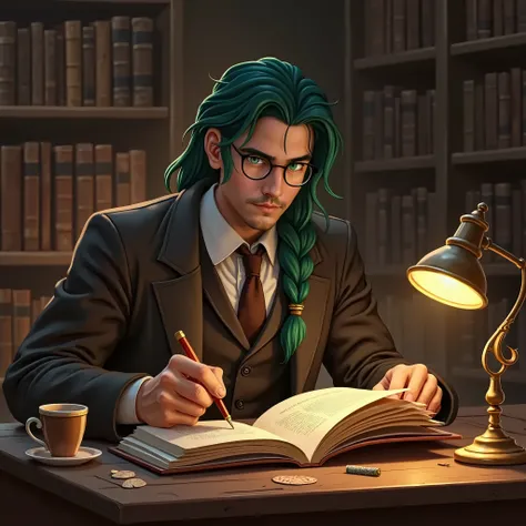 In the semi-darkness of the historical archive, where the walls are painted in warm brown tones, as if preserving the memory of centuries, an adult man is sitting, immersed in reading an ancient book. His dark green, slightly curly hair neatly braided, whi...