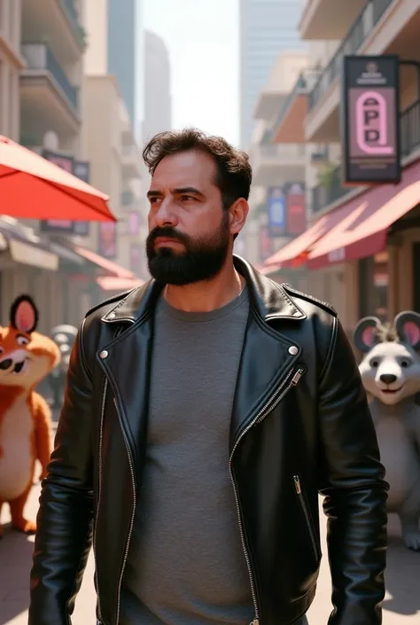 a white man, muscular, 38 years old, with perfectly outlined beard, It is located in the middle of the bustling city of Zootopia, inspired by Zootopia. He wears a black leather jacket over a tight grey T-shirt that highlights his muscles., as you walk thro...