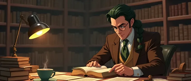 In the semi-darkness of the historical archive, where the walls are painted in warm brown tones, as if preserving the memory of centuries, an adult man is sitting, immersed in reading an ancient book. His dark green, slightly curly hair is neatly braided a...