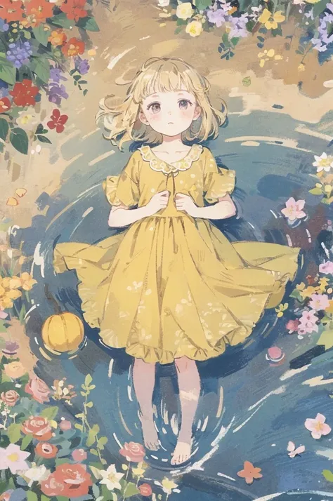 (masterpiece、Best Quality、super high quality、Beautiful and beautiful:1.2)、(good anatomy:1.5)、Full Body Shot、Drawing of a child with short, straight hair、Hand-knitted、Scalloped skirt、A gentle gaze、Healing、Autumn sky full、枯れ葉🍂や実に囲まれて、free、Red Leaf、yellow lea...