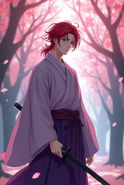 A red haired Japanese swordsman from the Meiji era with a cross-shaped scar on his left cheek, violet eyes, delicate features, handsome Japanese man, slim, wearing a pale purple kimono and a hakama, wind blowing his dark reddish hair, standing beneath a fo...