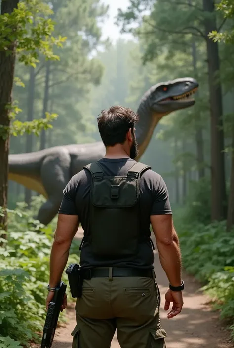 a white man, muscular, 38 years old, with perfectly outlined beard, It is located in the middle of a dense forest full of lush vegetation, inspired by Jurassic World: Dominion. He wears a tight, dark-colored T-shirt and a tactical vest that highlights his ...