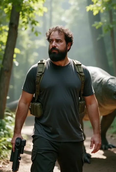 a white man, muscular, 38 years old, with perfectly outlined beard, It is located in the middle of a dense forest full of lush vegetation, inspired by Jurassic World: Dominion. He wears a tight, dark-colored T-shirt and a tactical vest that highlights his ...