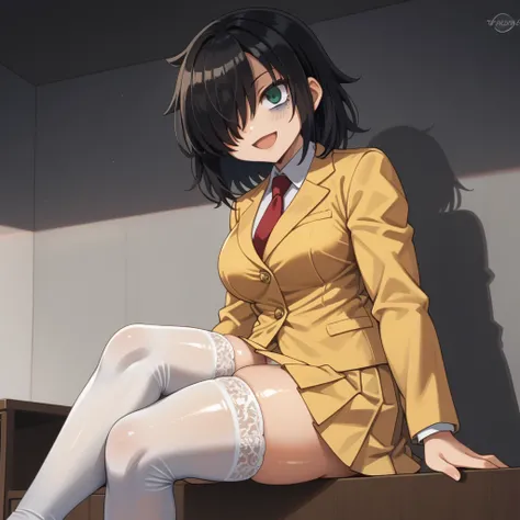 score_9, score_8_up, score_7_up,, solo, source_anime, tomokoxl, bags under eyes, hair over one eye black hair, medium hair, school uniform, red necktie, yellow skirt, short skirt, pleated skirt, yellow jacket, standing, cowboy shot, sitting, crossed legs, ...