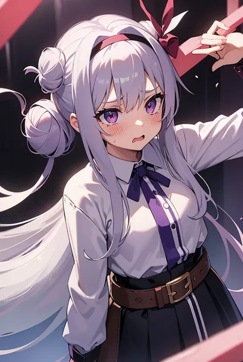 One girl, Blushing, Open your mouth a little, High resolution, Ahoge, ribbon, Headband, mask, Rubber, belt, Purple eyes, tears, saliva, Hide your ears, Drooling, Long Hair, Lots of ropes, Constraints, Binding the body, prison, prison, gag, Bondage, handcuffs, Hands behind back, Gray Hair, Bun Hair, Chest, 