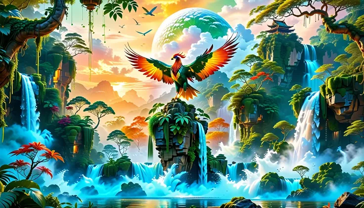 A Masterpiece In 32K Resolution, Supreme Quality, Super Detail, Official Art, Very High-Resolution 32K Wallpaper, Beautiful And Aesthetic, Ultra-Detailed Features, Awe-Inspiring Detail. Floating Islands Hover Above A Dense, Vibrant Rainforest. Waterfalls S...