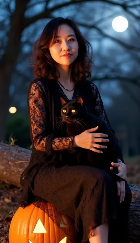 A high-detail photograph captures a woman witch with middle hair, cradling a black cat while seated atop a large pumpkin under the moonlit Halloween night. Her mysterious gaze matches the dark, enchanting atmosphere, as the soft glow of the moon highlights...