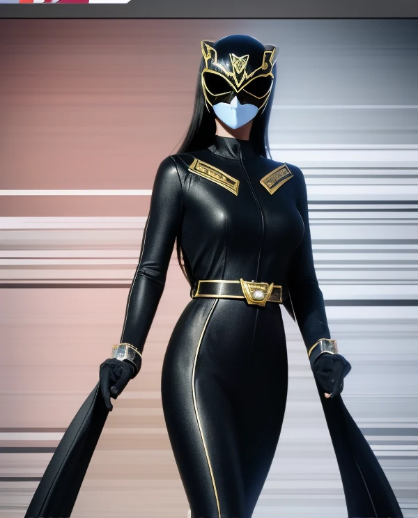 A woman black rangers, black ranger suit, as she power rangers black, full body , helmet mask, long hair, high detailed, realistic, gloves, ultra realistic, ((full face helmet)), black shield sunglasses on eyes, smart black sunglasses 