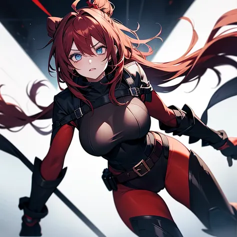 1girl,solo,girl wide hips, girl, blue eyes, hair ornament, ahoge,,Ghastly, large goggles, red hair ,blue eyes, hair bun, lips, black elbow gloves, red bodysuit, black thigh boots, belt,Facial expression