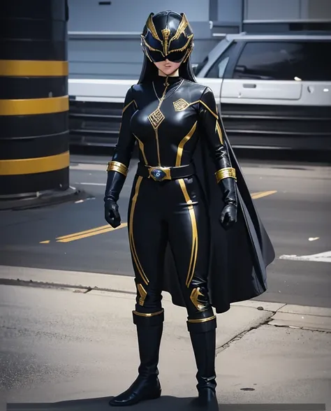 A woman black rangers, black ranger suit, as she power rangers black, full body , helmet mask, long hair, high detailed, realistic, gloves, ultra realistic, ((full face helmet)), black shield sunglasses on eyes, smart black sunglasses 