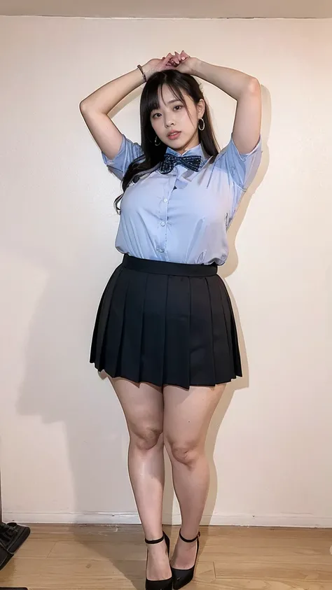 ((Accentuate plump thighs))、Earrings、High School Uniform、Ultra-mini pleated micro mini skirt、(Thighs 99%Expose:1.4)、Wearing high heels、standing、Full Body Shot、(Firing from the front)、Plain background、Shooting from high heels to the head