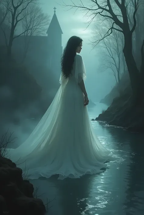 Generate an image to accompany this story: "In the province of Los Ríos, specifically in Babahoyo, The story is told of a mysterious lady who appears on the banks of the river. This legend tells that, Centuries ago, A young woman from the local aristocracy...