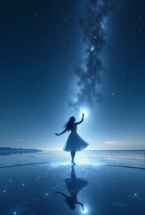 High resolution, masterpiece, Best Quality, One girl, solo, professional,Ultra-compact,8k,Uyuni Salt Flats,A sky full of stars,milky way,night,night空,Cinematic Experience,Best illustrations,Mirror finish,Girl silhouette,Uyuni Salt Flatsで踊る,Looks like one a...