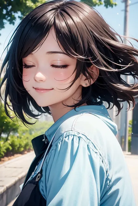 One girl, High resolution, Closed eyes, smile, Character profile, Bob Hair, Hair blowing in the wind, Overexposure, Close-up of face、Sparkle Effect, Simple Background, 