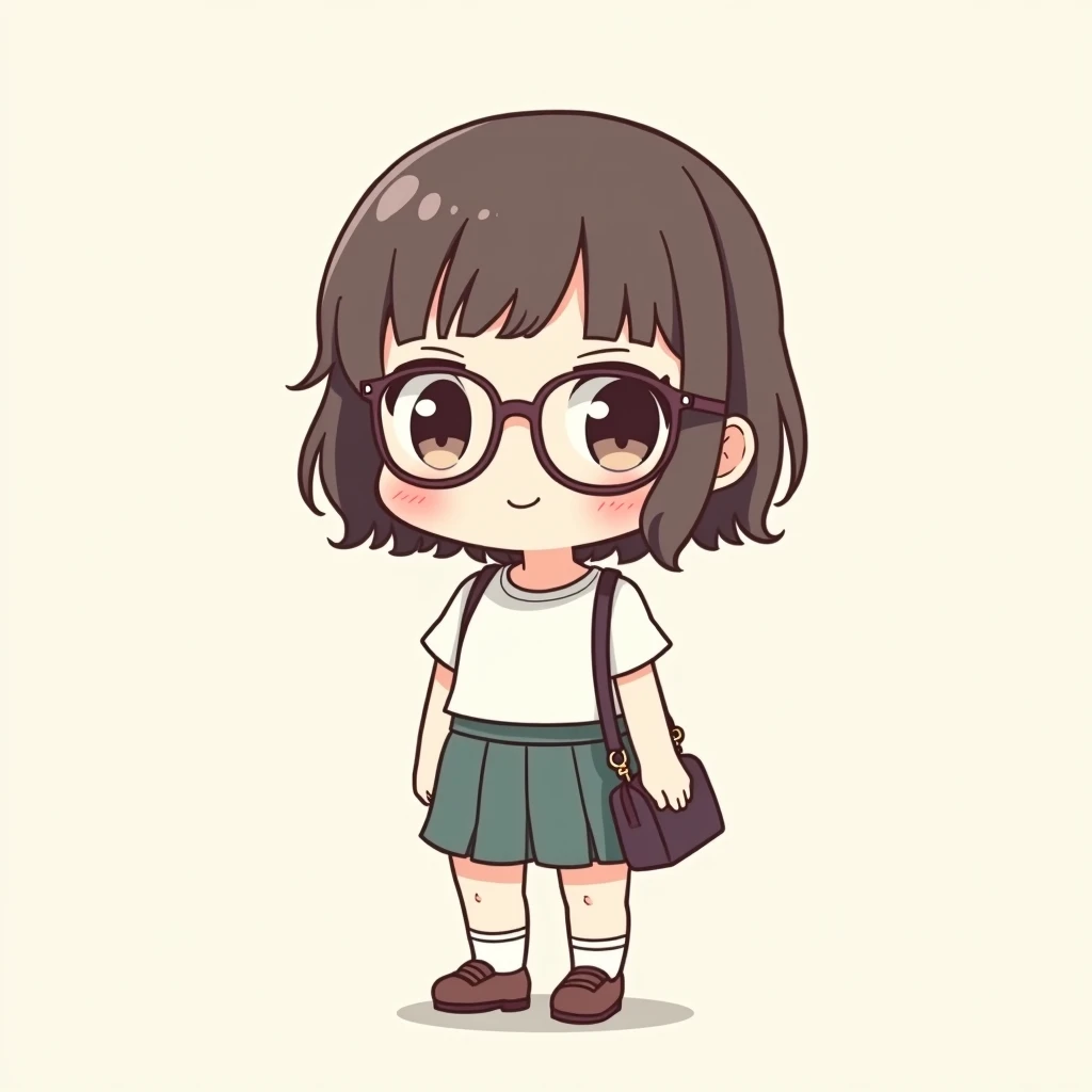 a cute chibi anime drawing of a woman wearing an eyeglasses,whole body, with shoes