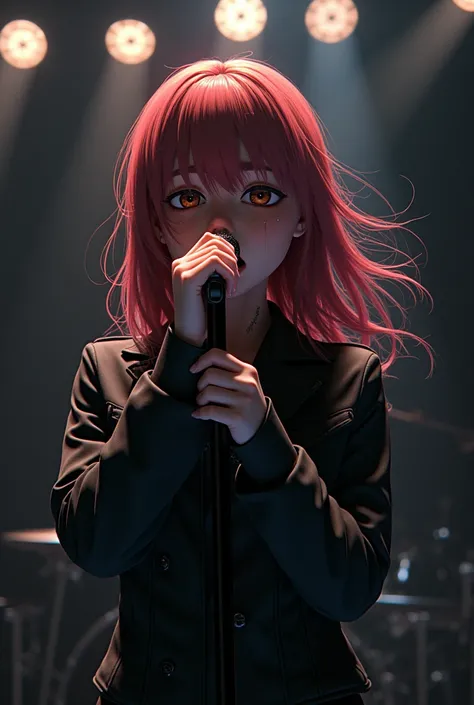 Monika from Doki Doki Literature singing "Love?" by Strapping Young Lad, screaming the lyrics with sheer passion into a microphone, superbly detailed, emotional, extreme metal ,lyh_kuno