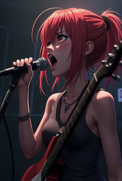 Monika from Doki Doki Literature singing "Love?" by Strapping Young Lad, screaming the lyrics with sheer passion into a microphone, superbly detailed, emotional, extreme metal ,lyh_kuno