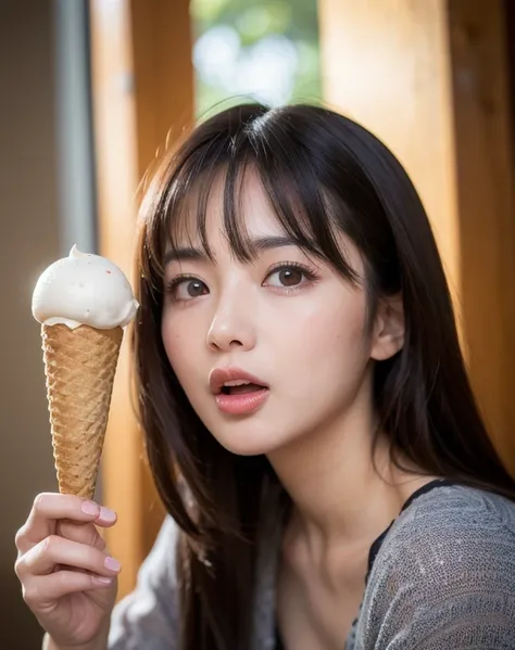 best quality, face focus, soft light, ultra high res, (photorealistic:1.4), RAW photo,
1japanese girl, solo, licking ice cream with tongue, cute, (pupil, lights in the eyes),  detailed beautiful face, (small chest),(high resolution detail of human skin tex...