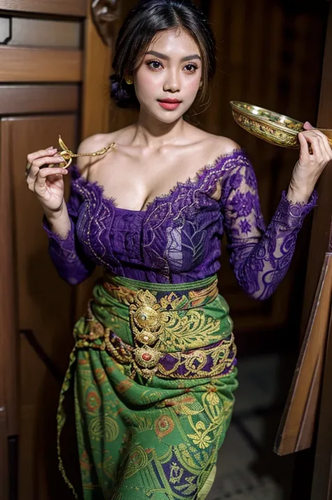 1 Indonesian-belgium girl, 25 years old, updo hair, green cupper hair colour, fit body, big breast, cleavage, skintight purple lace kebaya, batik long skirt, masterpiece, highly detailed, ultra hd, 8k, detailed face, bright eyes, perfect eyes, detailed ski...