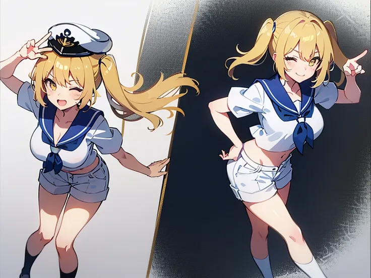 Twin-tailed golden-haired girl in sailor suit, Visible navel, Wear a hat and pants.a drawing of an anime character, clean line drawings, ultra cute girl, ultra cute face, ultra detailed eyes, ultra detailed hair, ultra cute, ultra beautiful, ((high end)), ...