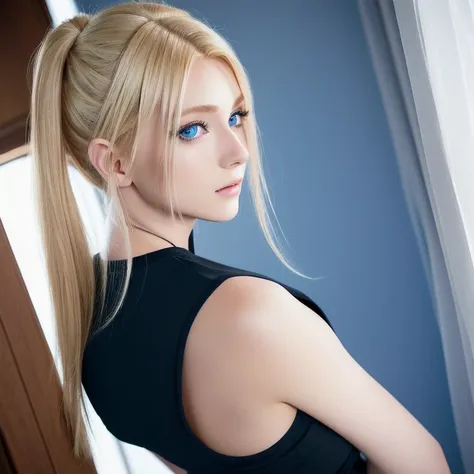 A close-up of a woman in a blue t-shirt and black shorts., blonde hair, perfect android girl, blue eyes, better known as amaranth, anime girl in real life, beautiful blonde girl, young beautiful amaranth, amaranth, pony tail, japanese facial features, 1 wo...