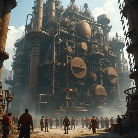 Steampunk, A huge machine the size of a house, Powered by a steam engine, It has many gears of different sizes., Around the machines, people in work clothes are busy working々I can see,