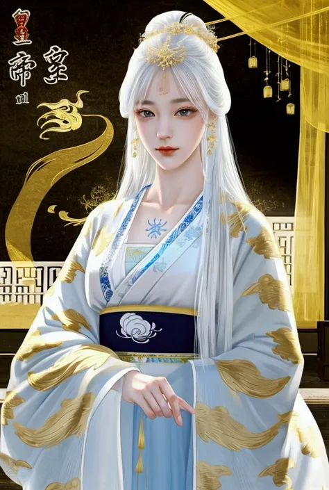 （masterpiece:1.3),(best quality:1.4),(actual:1a.4）,yellow palace,Royal Garden,winter,Chinese Nine-tailed Fox Woman,white bangs, long hair shawl,forehead pattern,jewelry outfit,Wearing white embroidered Hanfu,End skirt,Very detailed, Ultra HD, 