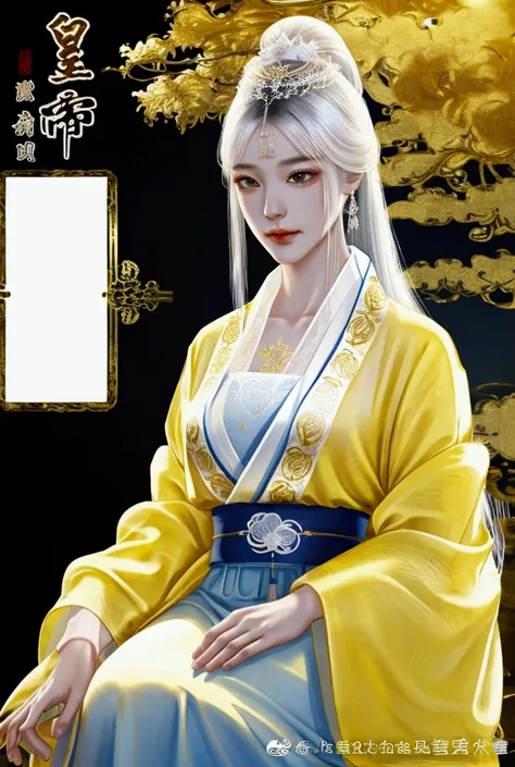 （masterpiece:1.3),(best quality:1.4),(actual:1a.4）,yellow palace,Royal Garden,winter,Chinese Nine-tailed Fox Woman,white bangs, long hair shawl,forehead pattern,jewelry outfit,Wearing white embroidered Hanfu,End skirt,Very detailed, Ultra HD, 