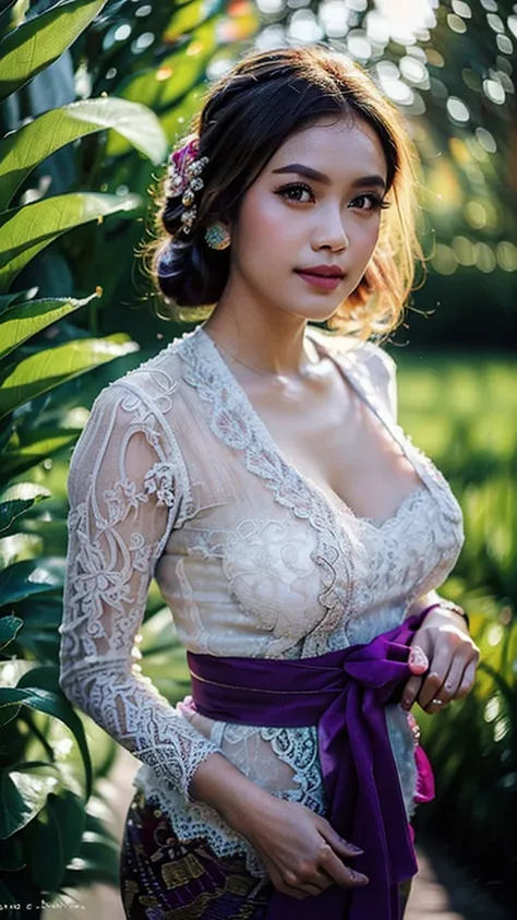 1 Indonesian-belgium girl, 25 years old, updo hair, green cupper hair colour, fit body, big breast, cleavage, skintight purple lace kebaya, batik long skirt, masterpiece, highly detailed, ultra hd, 8k, detailed face, bright eyes, perfect eyes, detailed ski...