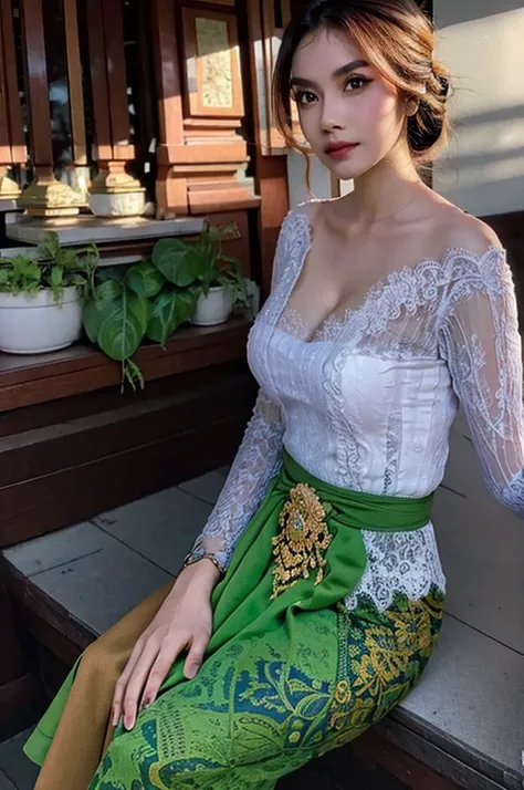 1 Indonesian-belgium girl, 25 years old, updo hair, green cupper hair colour, fit body, big breast, cleavage, skintight purple lace kebaya, batik long skirt, masterpiece, highly detailed, ultra hd, 8k, detailed face, bright eyes, perfect eyes, detailed ski...