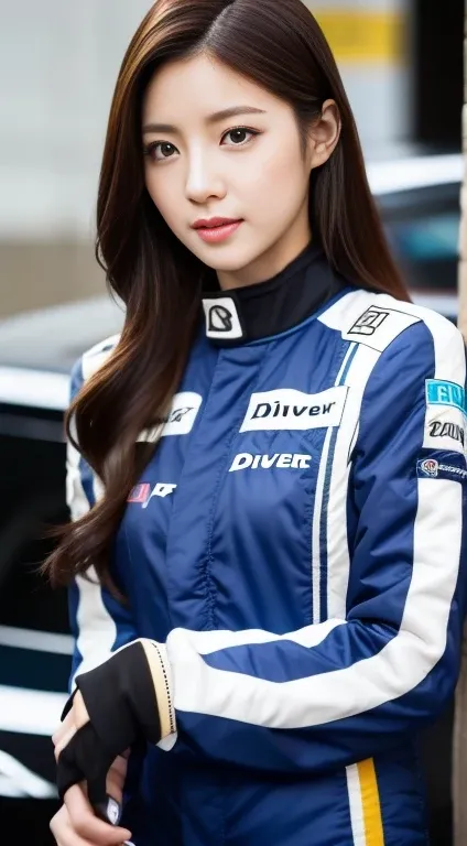 a sexy asian female korean with long hair color black and light skin brown eyes wearing driver racing suit age 26 years old beut...