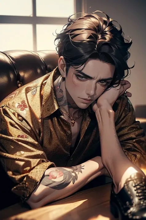 a handsome man with tattoos sitting on a couch, beautiful detailed eyes, beautiful detailed lips, extremely detailed face, short black hair, leather shoes, serious expression, Sanpaku, (best quality,4k,8k,highres,masterpiece:1.2),ultra-detailed,(realistic,...