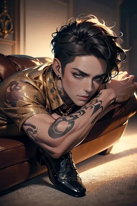 a handsome man with tattoos sitting on a couch, beautiful detailed eyes, beautiful detailed lips, extremely detailed face, short black hair, leather shoes, serious expression, Sanpaku, (best quality,4k,8k,highres,masterpiece:1.2),ultra-detailed,(realistic,...