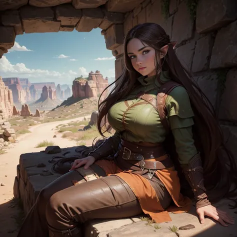 ((best quality))) (((HD))) (((8k))) (character) 20-year-old woman, ((adventurous)) elf, ((beautiful)) and ((happy)), ((brown hair)) and ((very long hair)), (freckles:1.2), voluptuous and plump, Brown hair, (large breasts:1.2), thick thighs, (wide hips:1.2)...