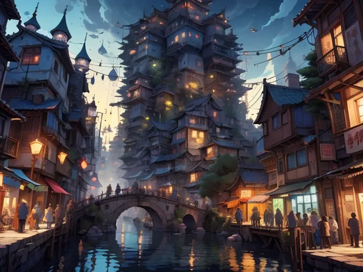 (最高品質のmasterpiece),Night view of the sea slums in the port city, (((Angle from below))), (Many people are coming and going), Many of the buildings are connected at the top, creating a complex structure., Connected by walkways and bridges, The lower floors ...