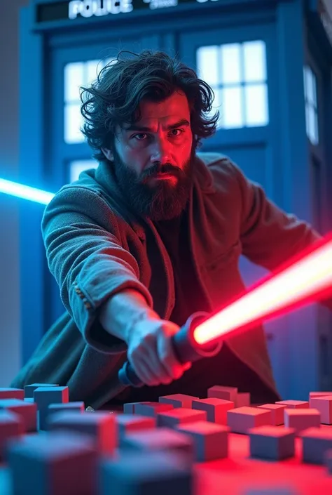 beat saber homme avec du ventre et une barbe pas trop long et cheveux milon boucler et décoiffé, découpe beaucoup de cube avec sabres bleu et rouge devent un TARDIS 