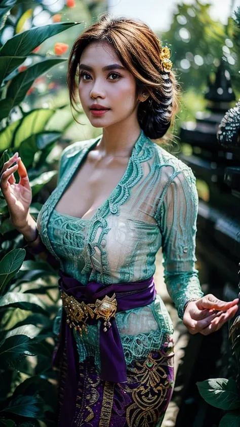 1 Indonesian-belgium girl, Balinese, 25 years old, updo hair, green cupper hair colour, fit body, big breast, cleavage, skintight purple lace kebaya, batik long skirt, masterpiece, highly detailed, ultra hd, 8k, detailed face, bright eyes, perfect eyes, de...