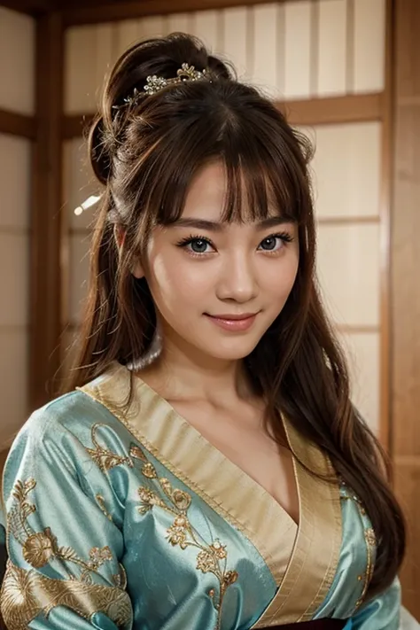 Very beautiful Japanese princess with blue eyes, brown hair with lots of ornaments and hairpins in her hair looking at the camera and smiling with realistic effect. 