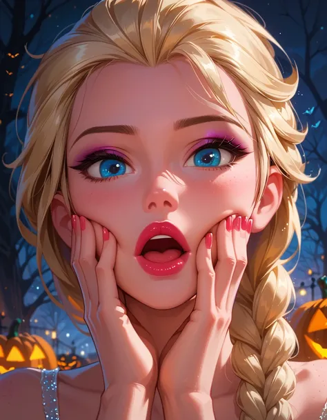 score_9, score_8_up, score_7_up, 1girl, solo, very sexy (Elsa, blonde, braid:1.4), confident, flirt, gaze, sexy look, head tilt, filled lips, thick lips, (hands on cheeks, mouth open, cute surprised expression:1.2), (Halloween theme:1.3), dimly lit, expres...